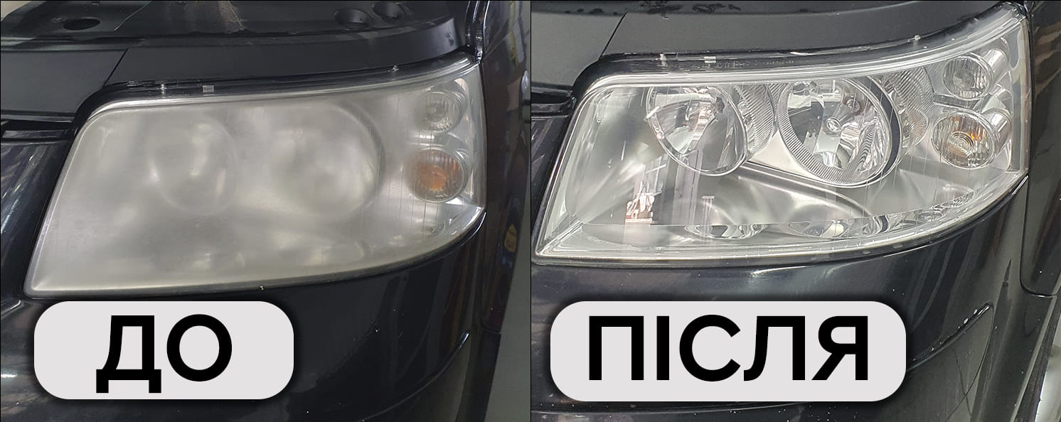 Це зображення розділене на дві частини для порівняння стану фари автомобіля до та після процесу полірування. Ліва частина фотографії показує фару перед поліруванням, яка виглядає тьмяною та подряпаною. Права частина демонструє ту ж фару після процедури полірування, де вона виглядає яскравою, чистою та відновленою. Це візуально демонструє ефективність детейлінгу фари